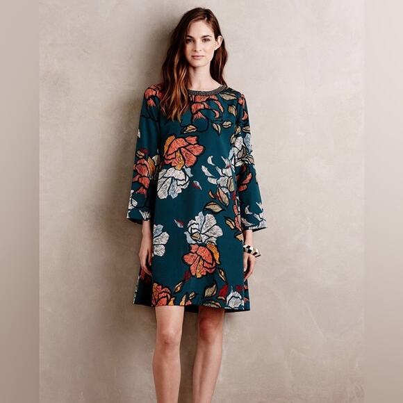 Maeve Dresses & Skirts - Maeve Anthropologie Teal Floral Dress Beaded Neckline | Women’s Medium | Mini